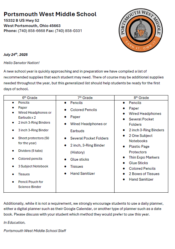 School Supply List 2025