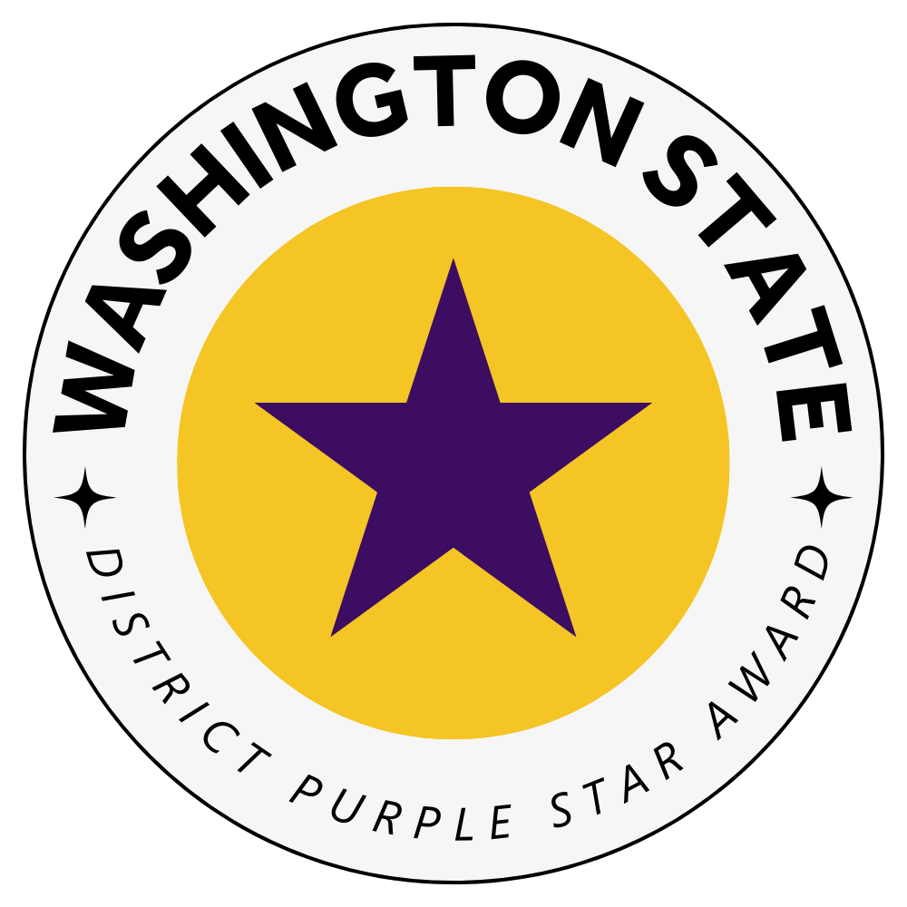 Washington State Purple Star Award for School District. Loho is a white circle with a yellow circle within. A large puple star is in the yellow inner circle.