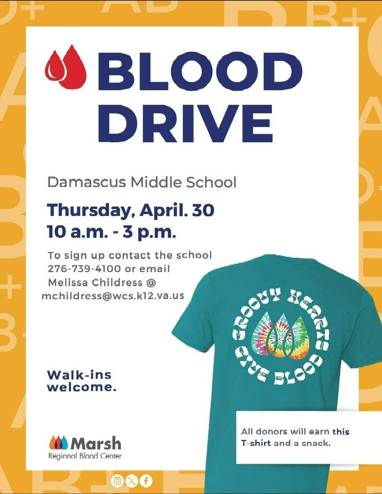 Blood Drive Damascus Middle School Thursday, April 30