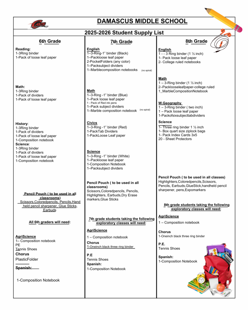 Damascus Middle School 2025-2026 Student Supply List