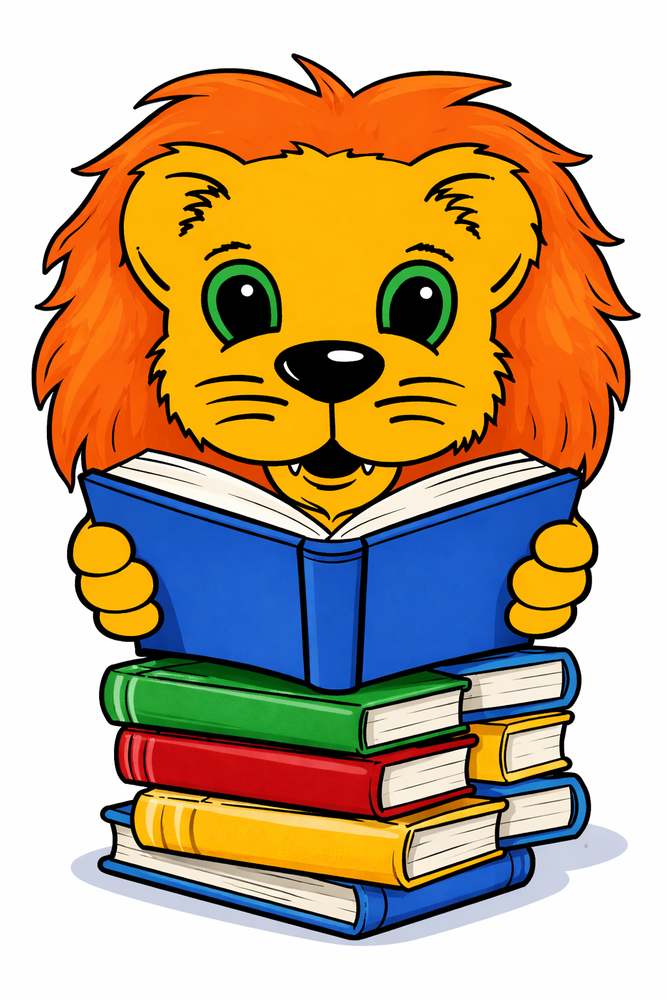 cartoon lion reading books