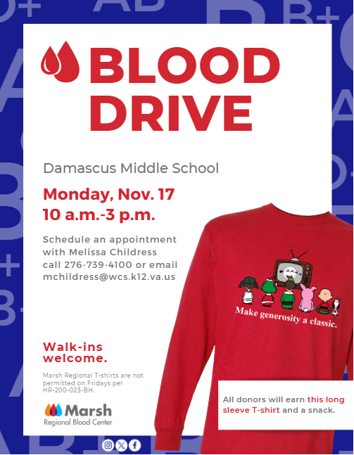 Blood Drive Damascus Middle School Monday, Nov. 17
