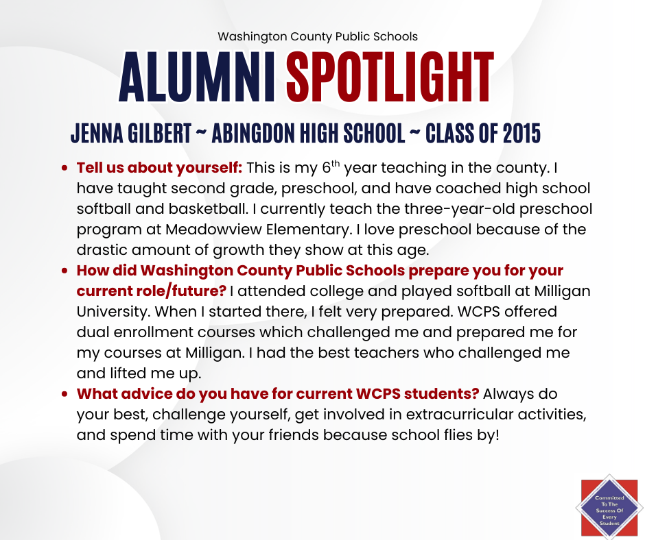 WCPS Alumni Spotlight April 2025 -- Jenna Gilbert -- Abingdon High School -- Class of 2015