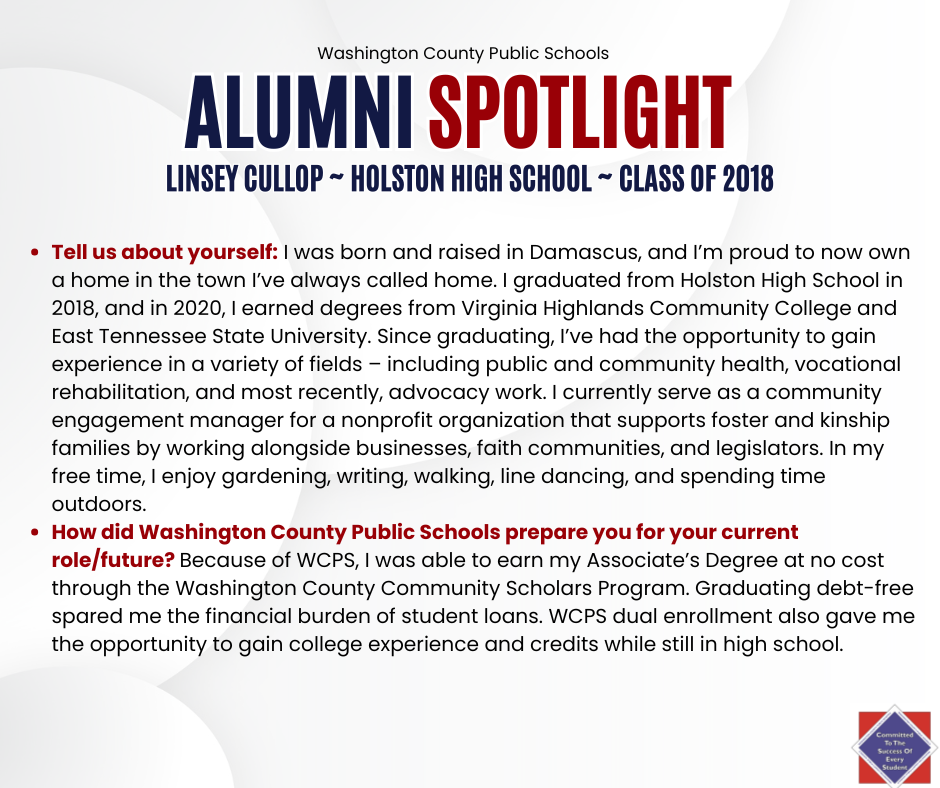 WCPS Alumni Spotlight July 2025 -- Linsey Cullop -- Holston High School -- Class of 2018
