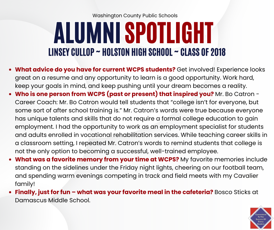 WCPS Alumni Spotlight July 2025 -- Linsey Cullop -- Holston High School -- Class of 2018