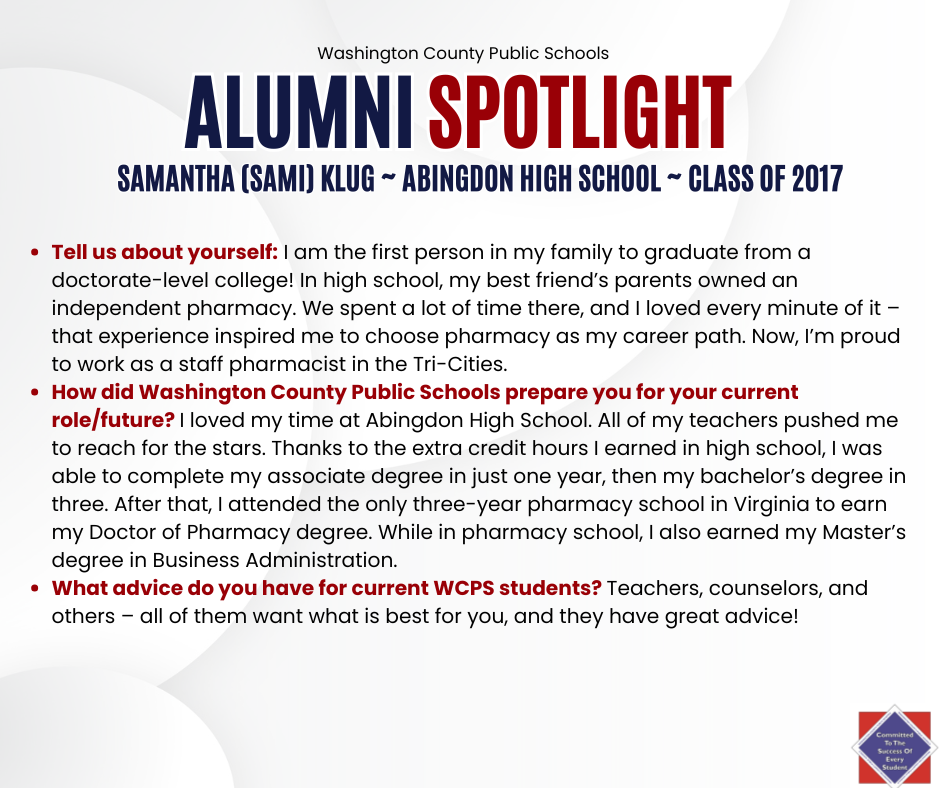 WCPS Alumni Spotlight August 2025 -- Samantha Klug -- Abingdon High School -- Class of 2017