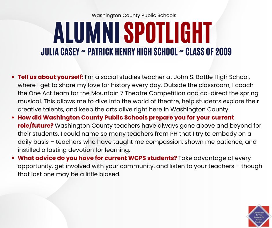 WCPS Alumni Spotlight August 2025 -- Julia Casey -- Patrick Henry High School -- Class of 2009 