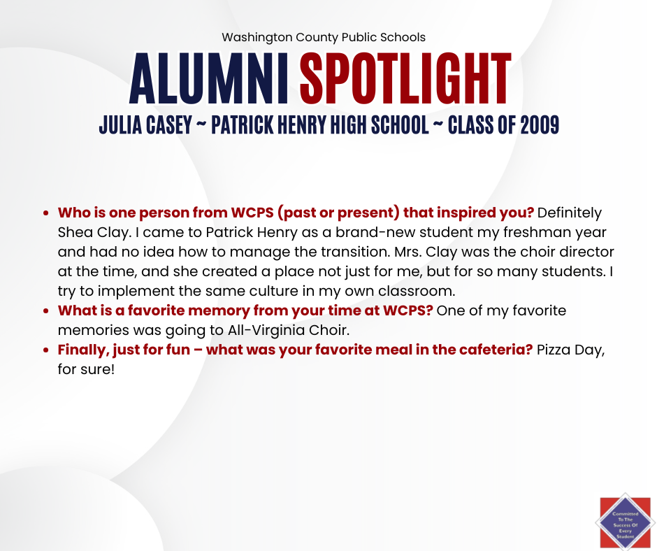 WCPS Alumni Spotlight August 2025 -- Julia Casey -- Patrick Henry High School -- Class of 2009 