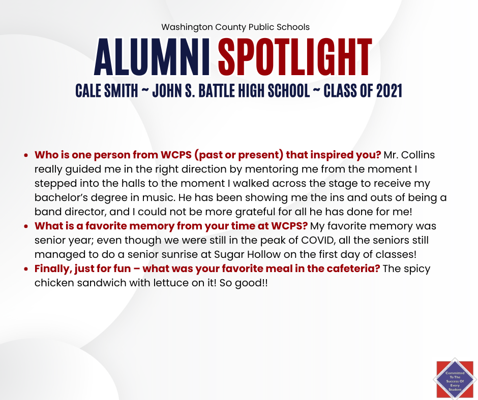 WCPS Alumni Spotlight August 2025 -- Cale Smith -- John S. Battle High School -- Class of 2021
