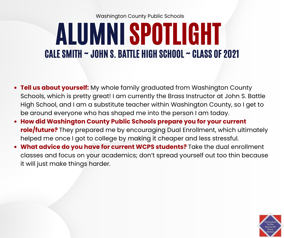 WCPS Alumni Spotlight August 2025 -- Cale Smith -- John S. Battle High School -- Class of 2021