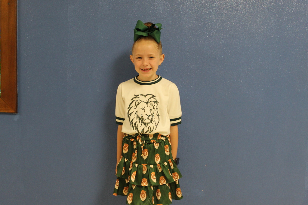 girl with lion on her shirt and lions on her skirt.