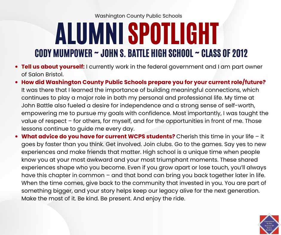 WCPS Alumni Spotlight August 2025 -- Cody Mumpower -- John S. Battle High School -- Class of 2012