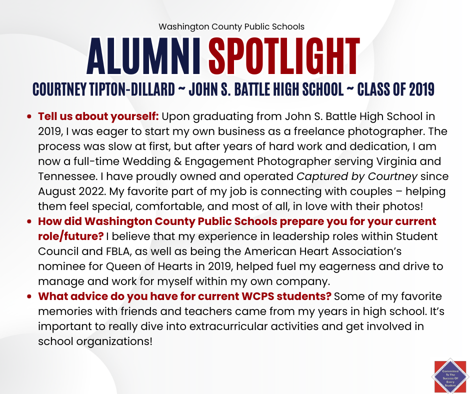 WCPS Alumni Spotlight September 2025 -- Courtney Tipton-Dillard -- John S. Battle High School -- Class of 2019 