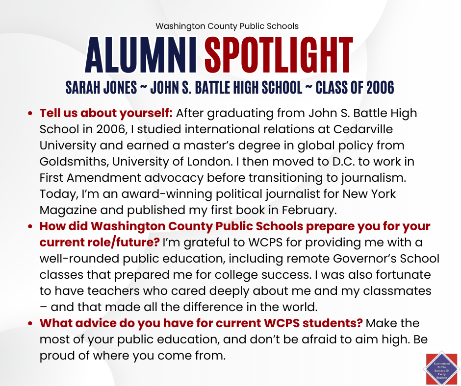 WCPS Alumni Spotlight September 2025 -- Sarah Jones -- John S. Battle High School -- Class of 2006