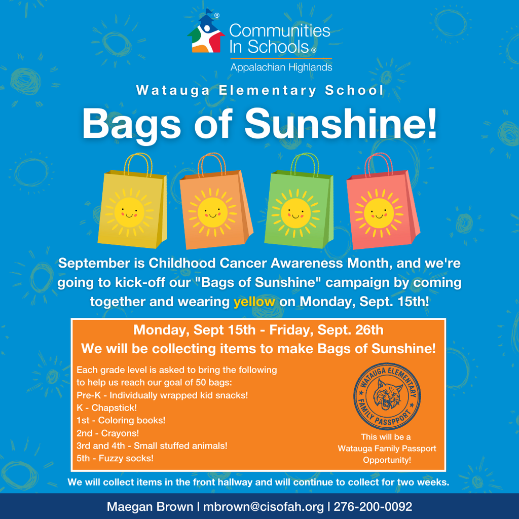 ☀️💛 Our Watauga Wildcats are spreading kindness through our Bags of Sunshine campaign! 🌟 Our Paws for a Cause club members are working hard to organize these special bags filled with encouragement and care. Each bag is a reminder that even the smallest acts of kindness can brighten someone’s day. ✨🐾 We’re so proud of our students for leading the way in showing compassion and making a difference in our community! 💙