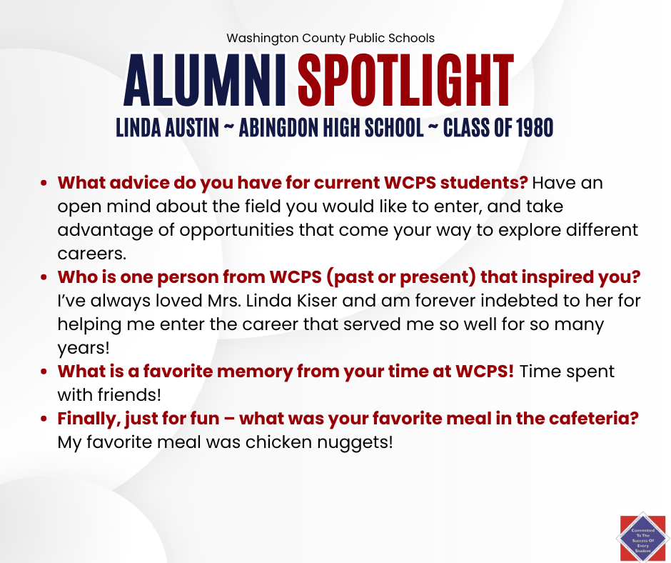 WCPS Alumni Spotlight September 2025 -- Linda Austin -- Abingdon High School -- Class of 1980