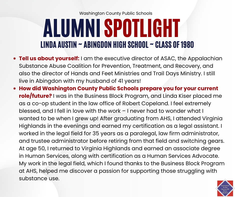 WCPS Alumni Spotlight September 2025 -- Linda Austin -- Abingdon High School -- Class of 1980