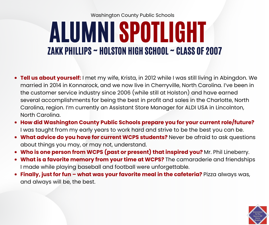 WCPS Alumni Spotlight September 2025 -- Zakk Phillips -- Holston High School -- Class of 2007