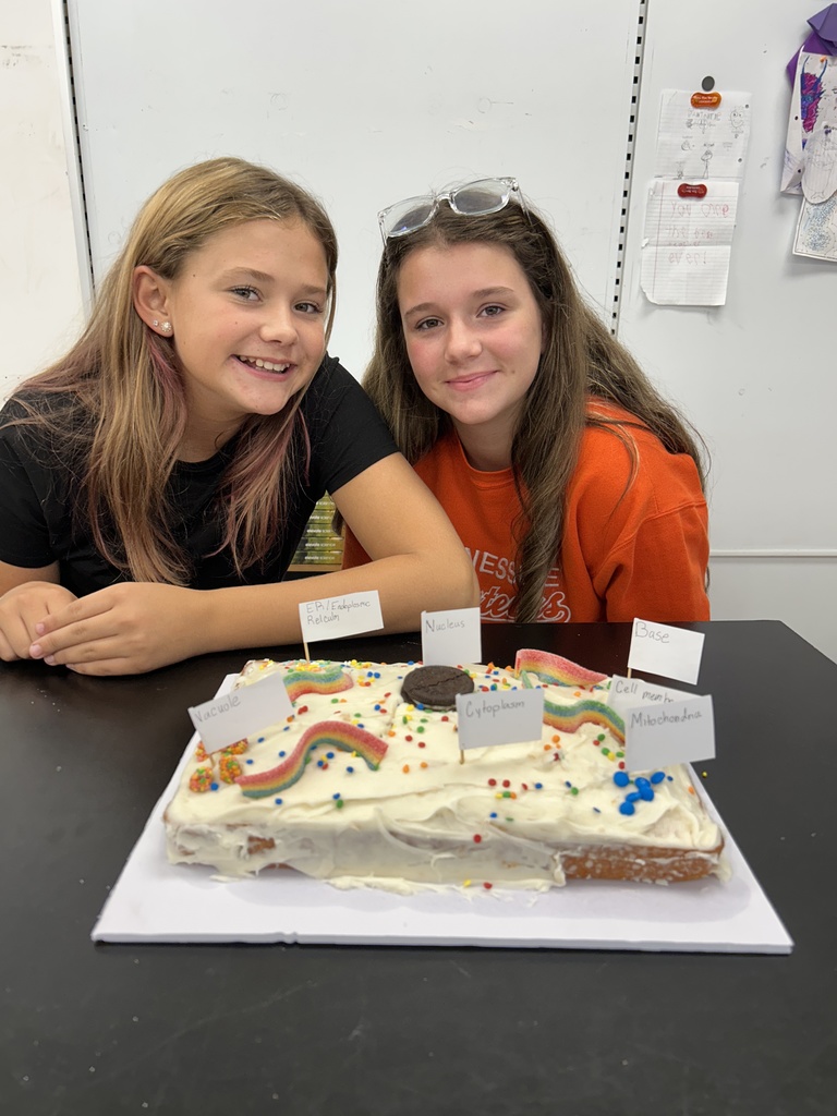 Students display their edible cell project.