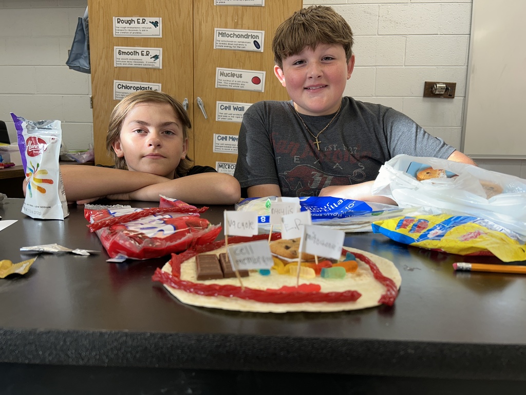 Students display their edible cell project.