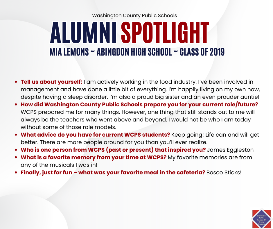 WCPS Alumni Spotlight October 2025 -- Mia Lemons -- Abingdon High School -- Class of 2019 