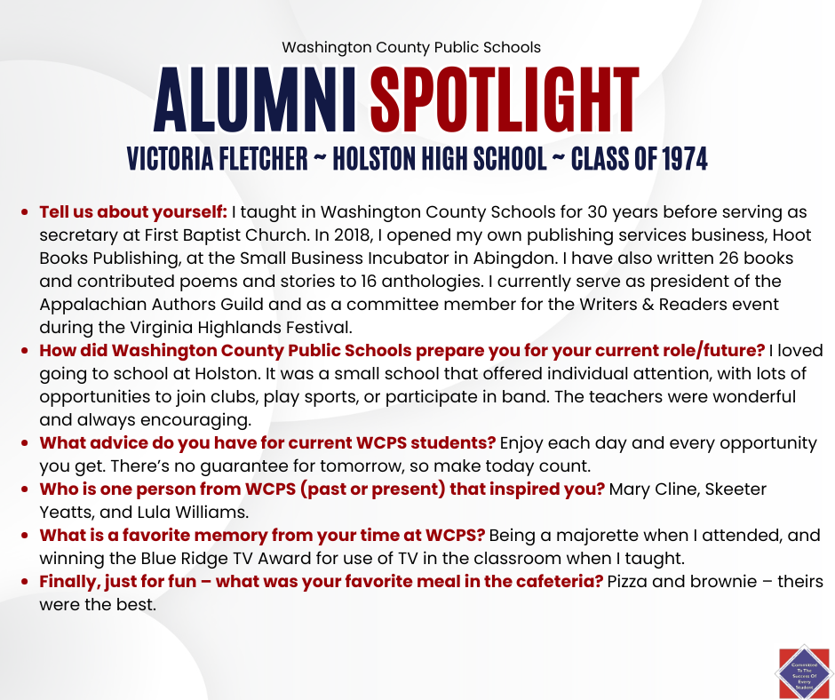 WCPS Alumni Spotlight October 2025 -- Victoria Fletcher -- Holston High School -- Class of 1974