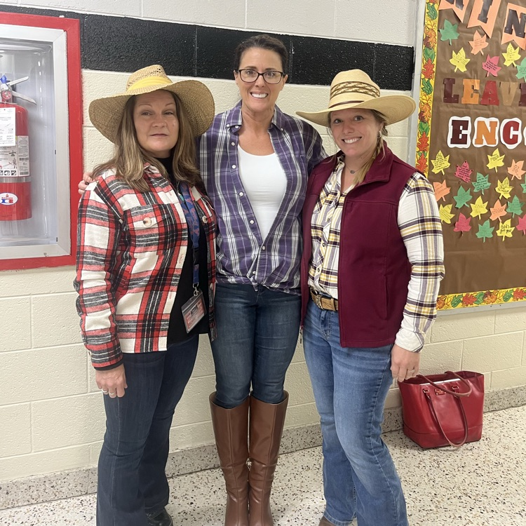 Teachers pose in cowboy hats and boots.