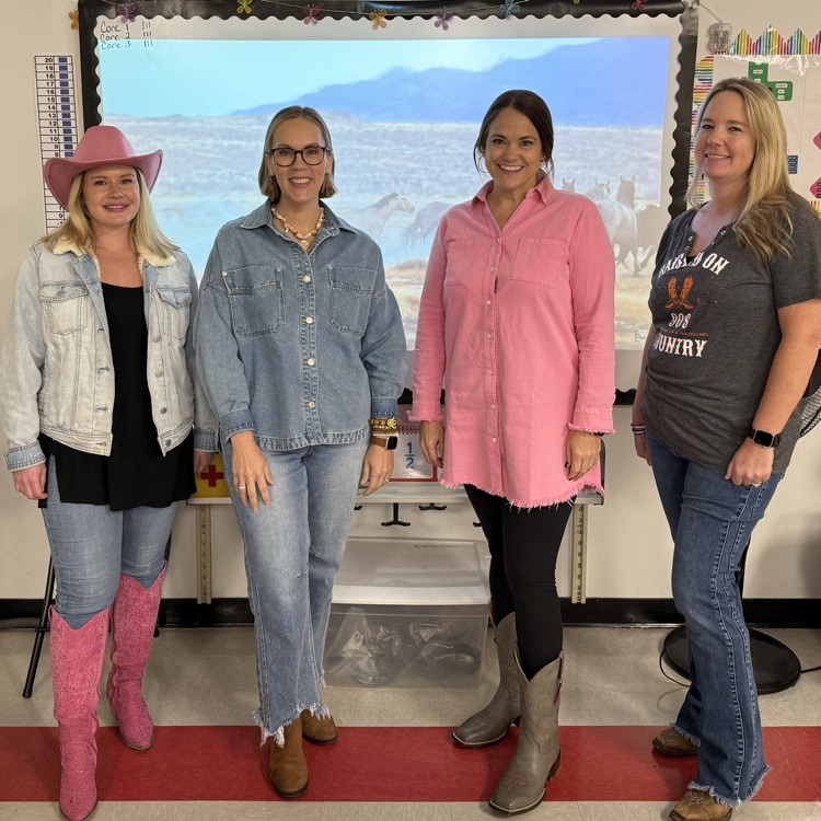 Teachers pose in cowboy hats and boots.