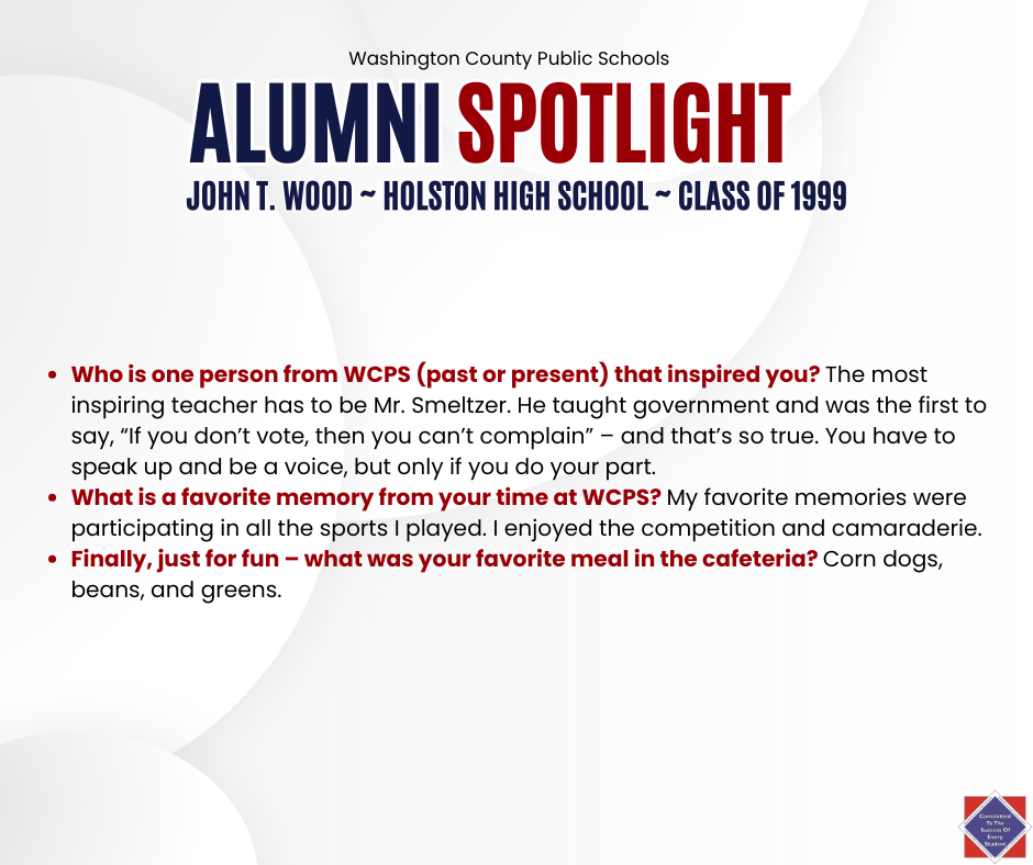 WCPS Alumni Spotlight November 2025 -- John T. Wood -- Holston High School -- Class of 1999