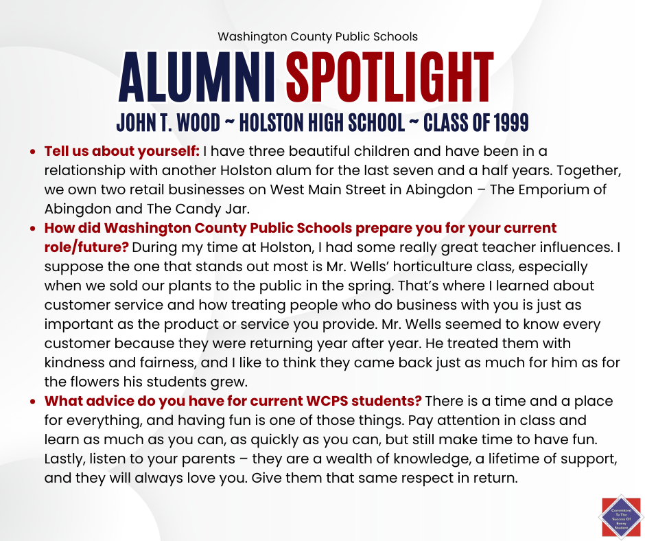 WCPS Alumni Spotlight November 2025 -- John T. Wood -- Holston High School -- Class of 1999