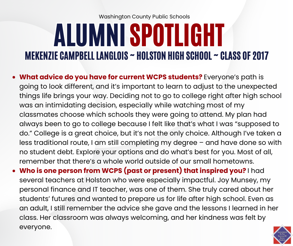 WCPS Alumni Spotlight November 2025 -- Mekenzie Campbell Langlois -- Holston High School -- Class of 2017
