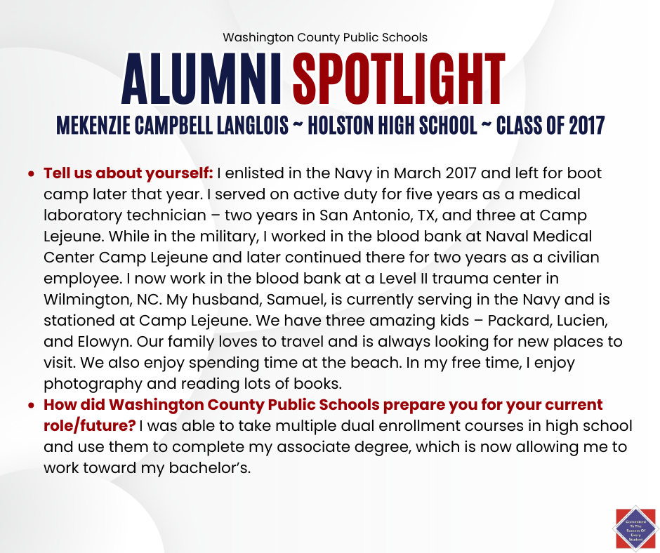 WCPS Alumni Spotlight November 2025 -- Mekenzie Campbell Langlois -- Holston High School -- Class of 2017
