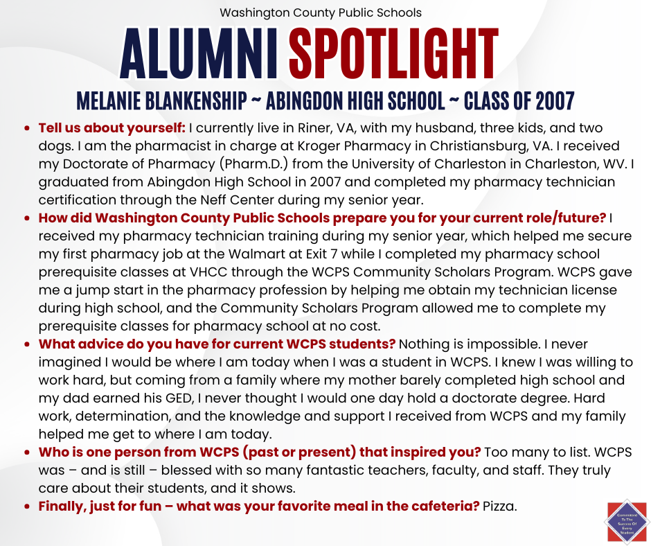 WCPS Alumni Spotlight December 2025 -- Melanie Blankenship -- Abingdon High School -- Class of 2007