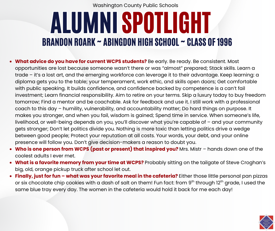 WCPS Alumni Spotlight December 2025 -- Brandon Roark -- Abingdon High School -- Class of 1996