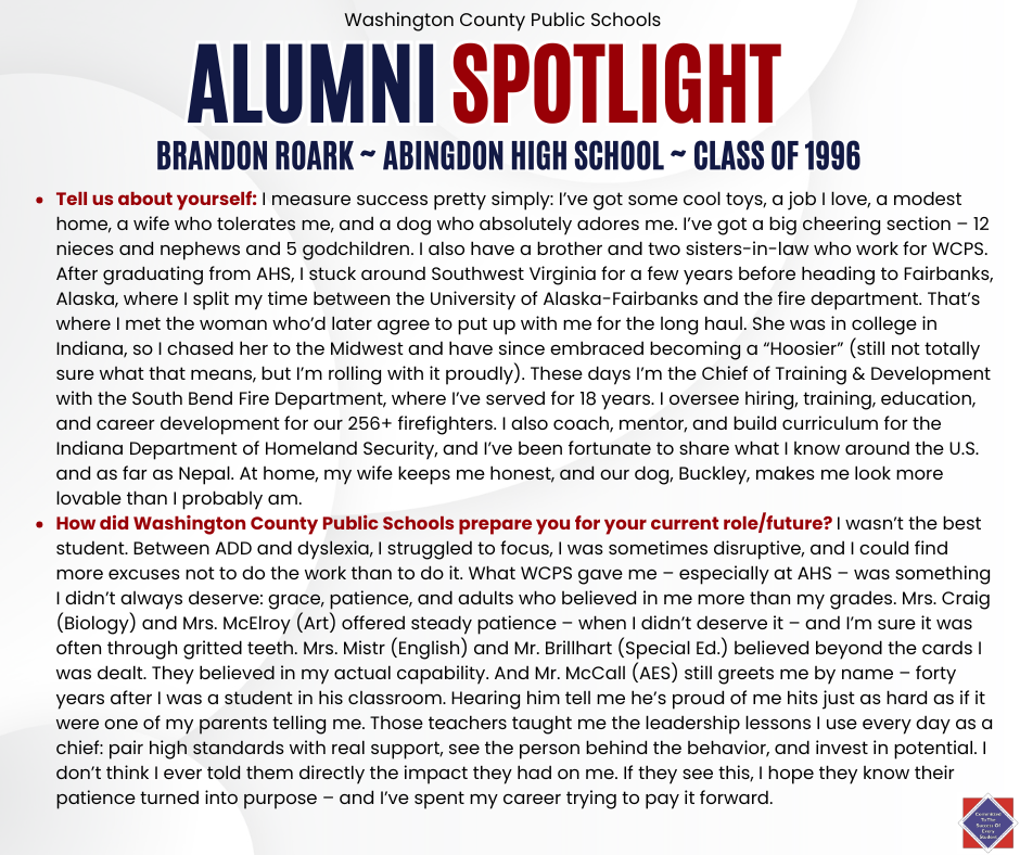 WCPS Alumni Spotlight December 2025 -- Brandon Roark -- Abingdon High School -- Class of 1996