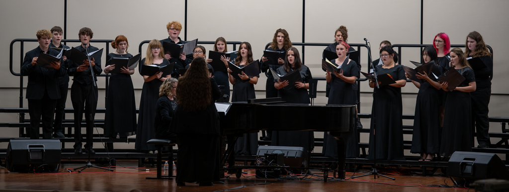 Students sing on risers on a stage.