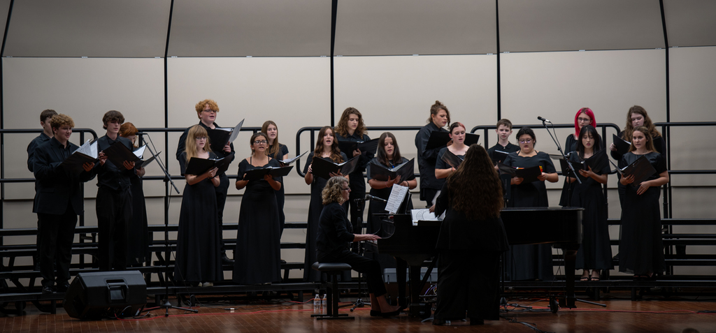 Students sing on risers on a stage.