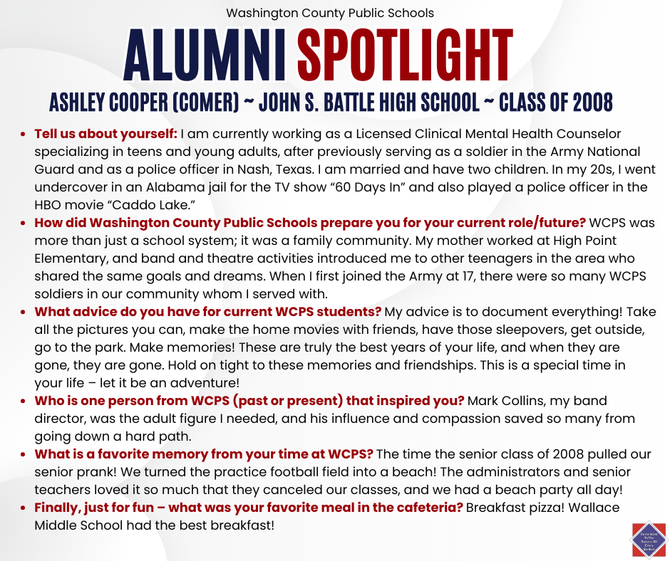 WCPS Alumni Spotlight December 2025 -- Ashley Cooper (Comer) -- John S. Battle High School -- Class of 2008