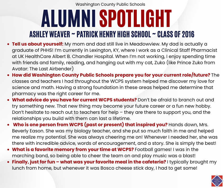 WCPS Alumni Spotlight January 2026 -- Ashley Weaver -- Patrick Henry High School -- Class of 2016