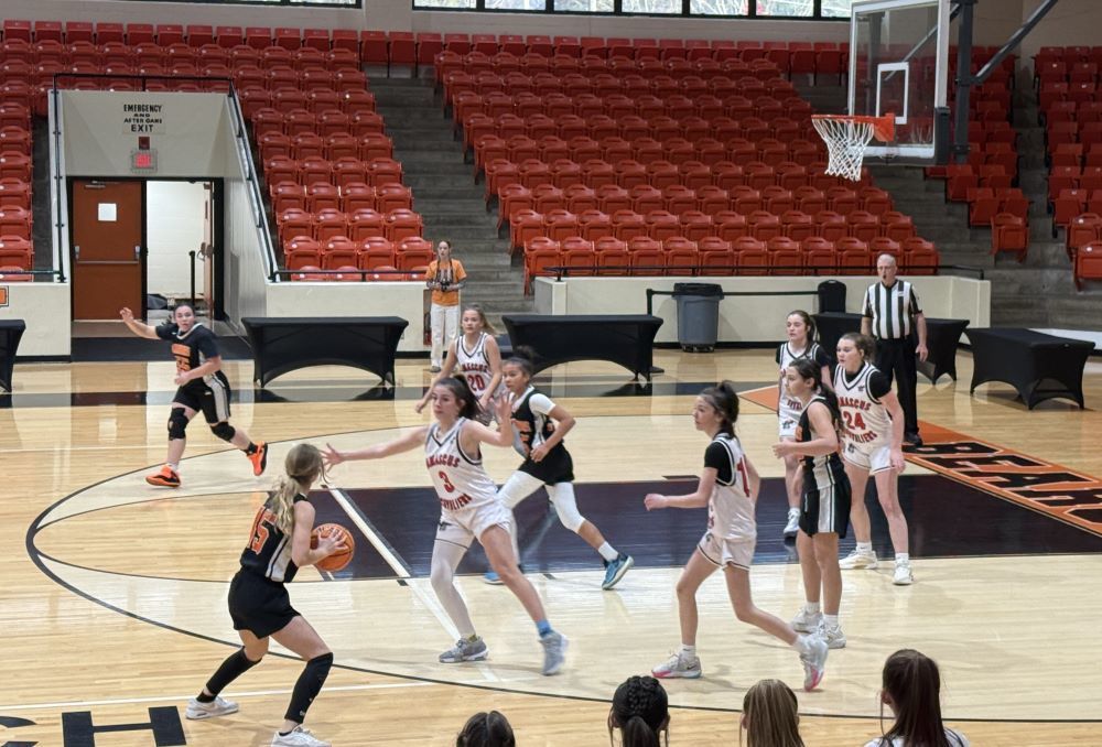 Girls play basketball in a gym.