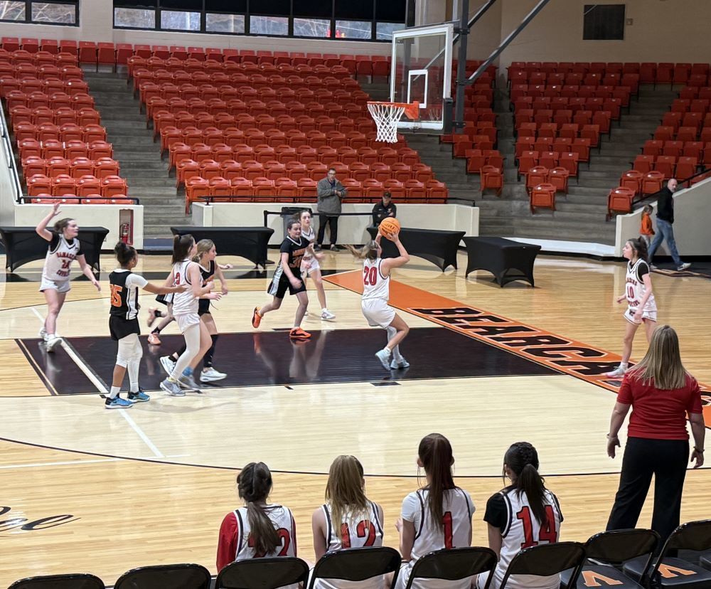 Girls play basketball in a gym.