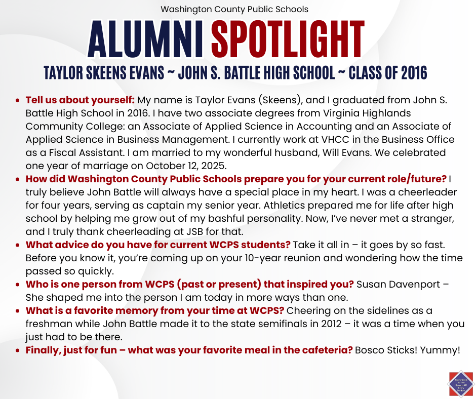 WCPS Alumni Spotlight January 2026 -- Taylor Skeens Evans -- John S. Battle High School -- Class of 2016