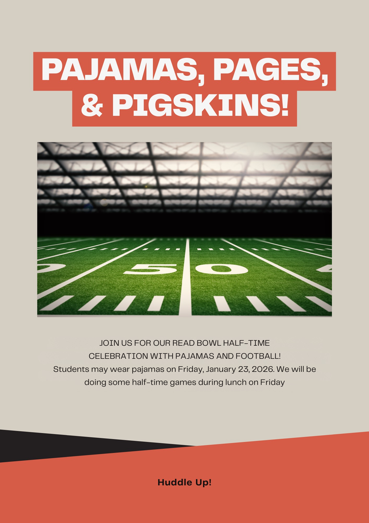 A flyer announces a Pajamas, Pages, & Pigskins event on Friday, January 23, 2026