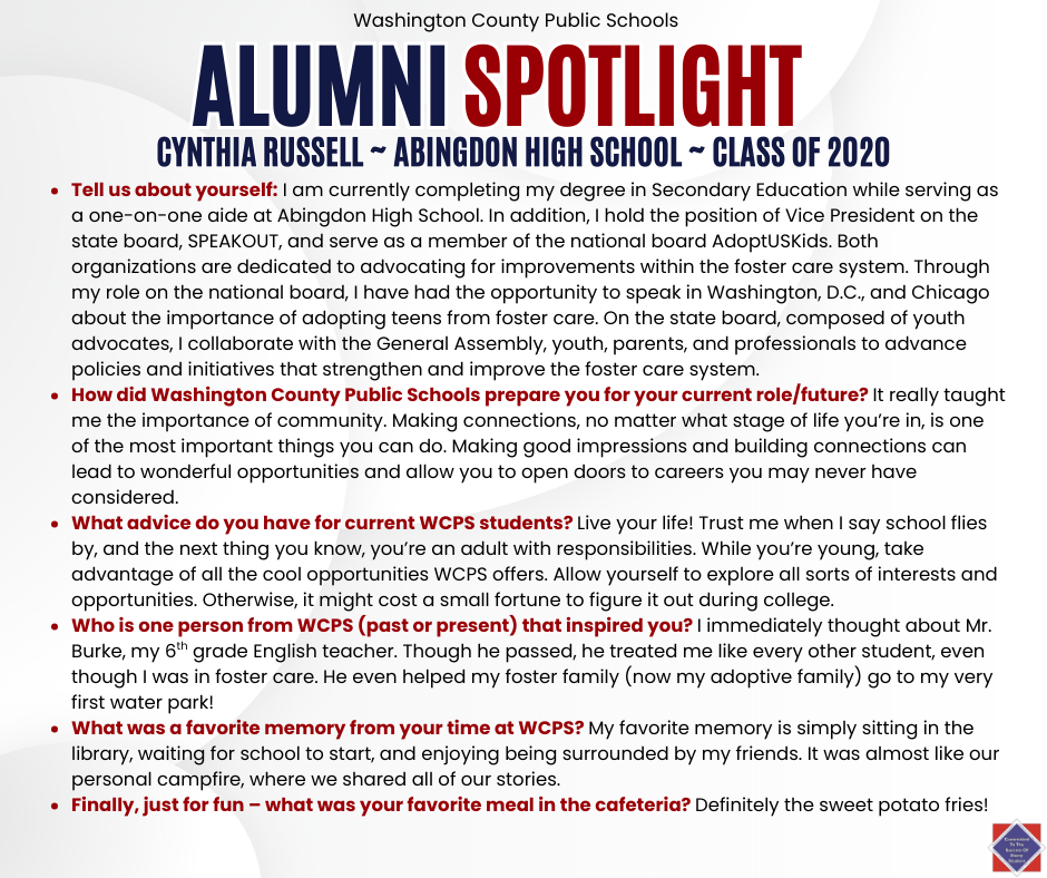 WCPS Alumni Spotlight February 2026 -- Cynthia Russell -- Abingdon High School -- Class of 2020