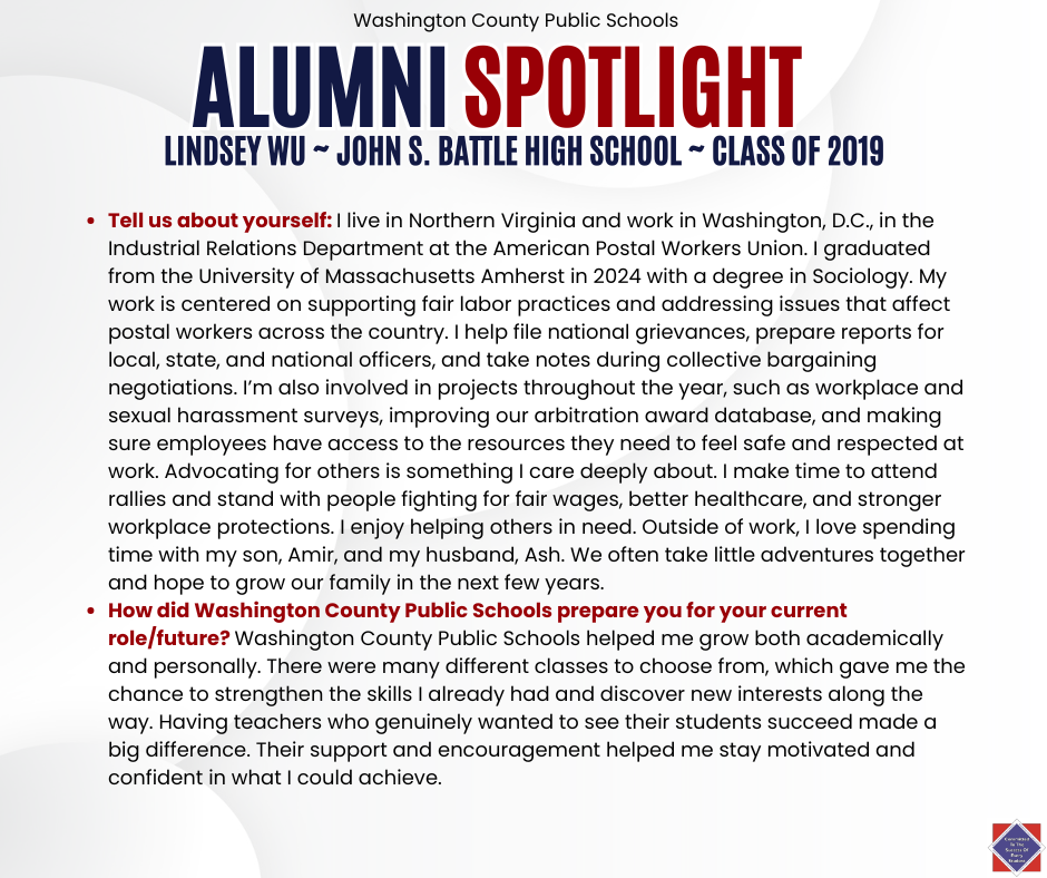 WCPS Alumni Spotlight February 2026 -- Lindsey Wu -- John S. Battle High School -- Class of 2019