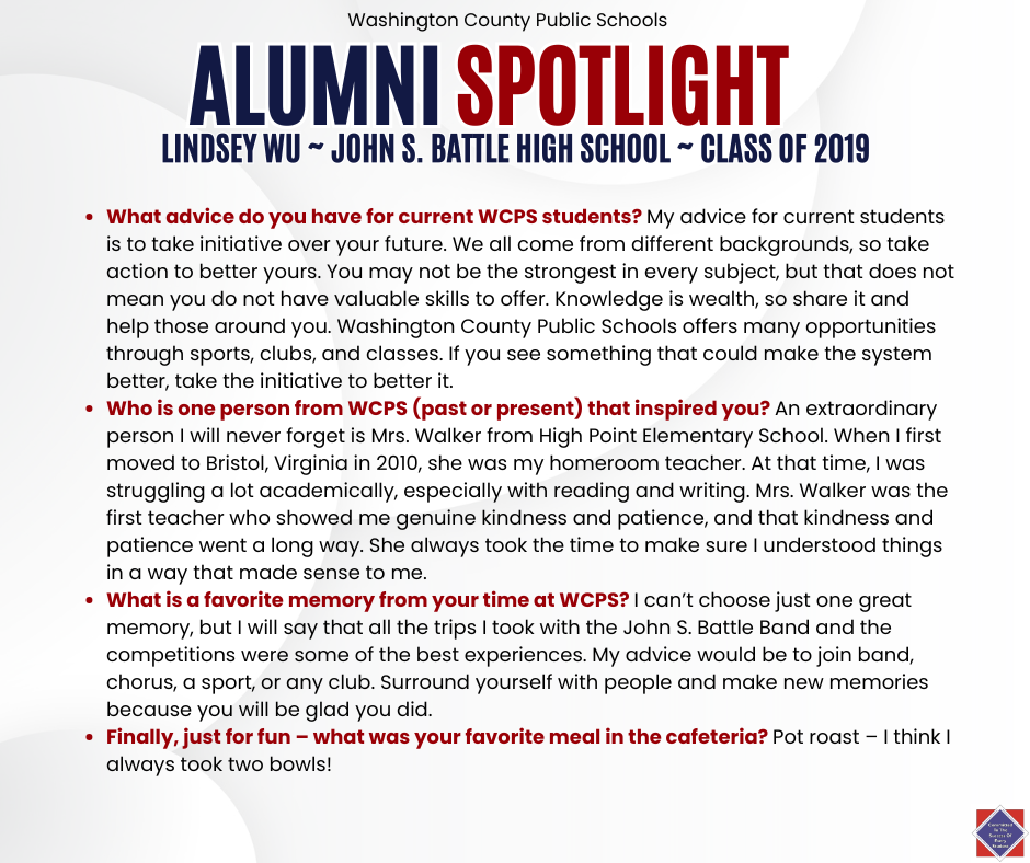 WCPS Alumni Spotlight February 2026 -- Lindsey Wu -- John S. Battle High School -- Class of 2019 