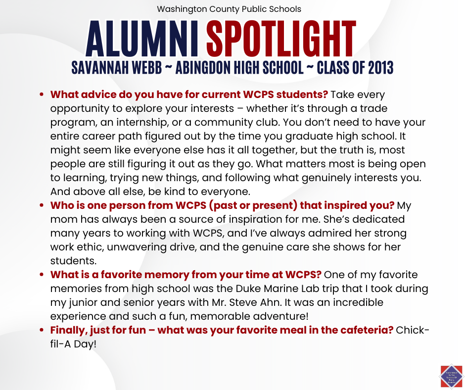 WCPS Alumni Spotlight February 2026 -- Savannah Webb -- Abingdon High School -- Class of 2013