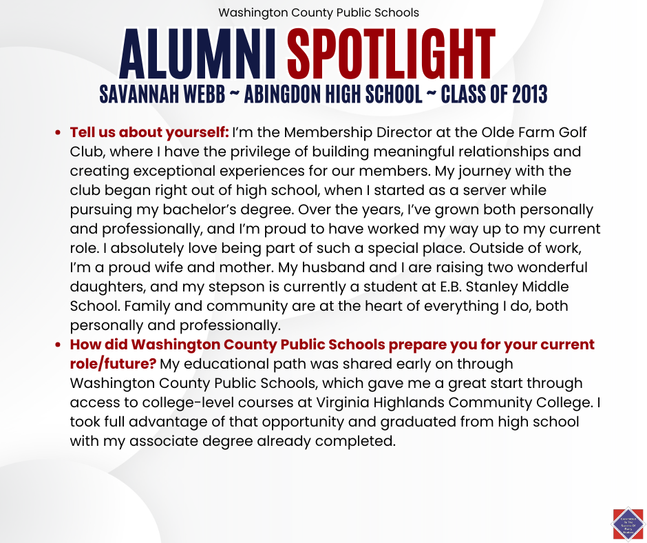 WCPS Alumni Spotlight February 2026 -- Savannah Webb -- Abingdon High School -- Class of 2013