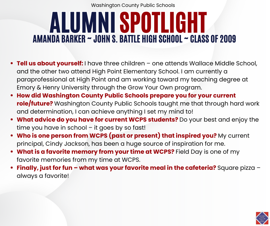 WCPS Alumni Spotlight February 2026 -- Amanda Barker -- John S. Battle High School -- Class of 2009