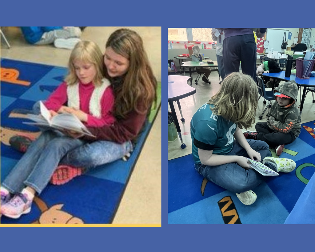Older students reading to younger students.